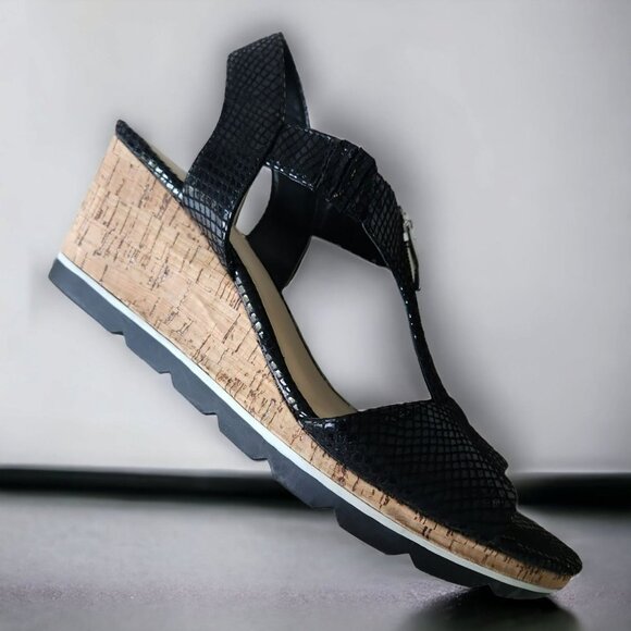 Liz Claiborne Sport Snakeskin Black Textured Shiny Zip Sling Wedge Strap Sandals - Picture 3 of 14